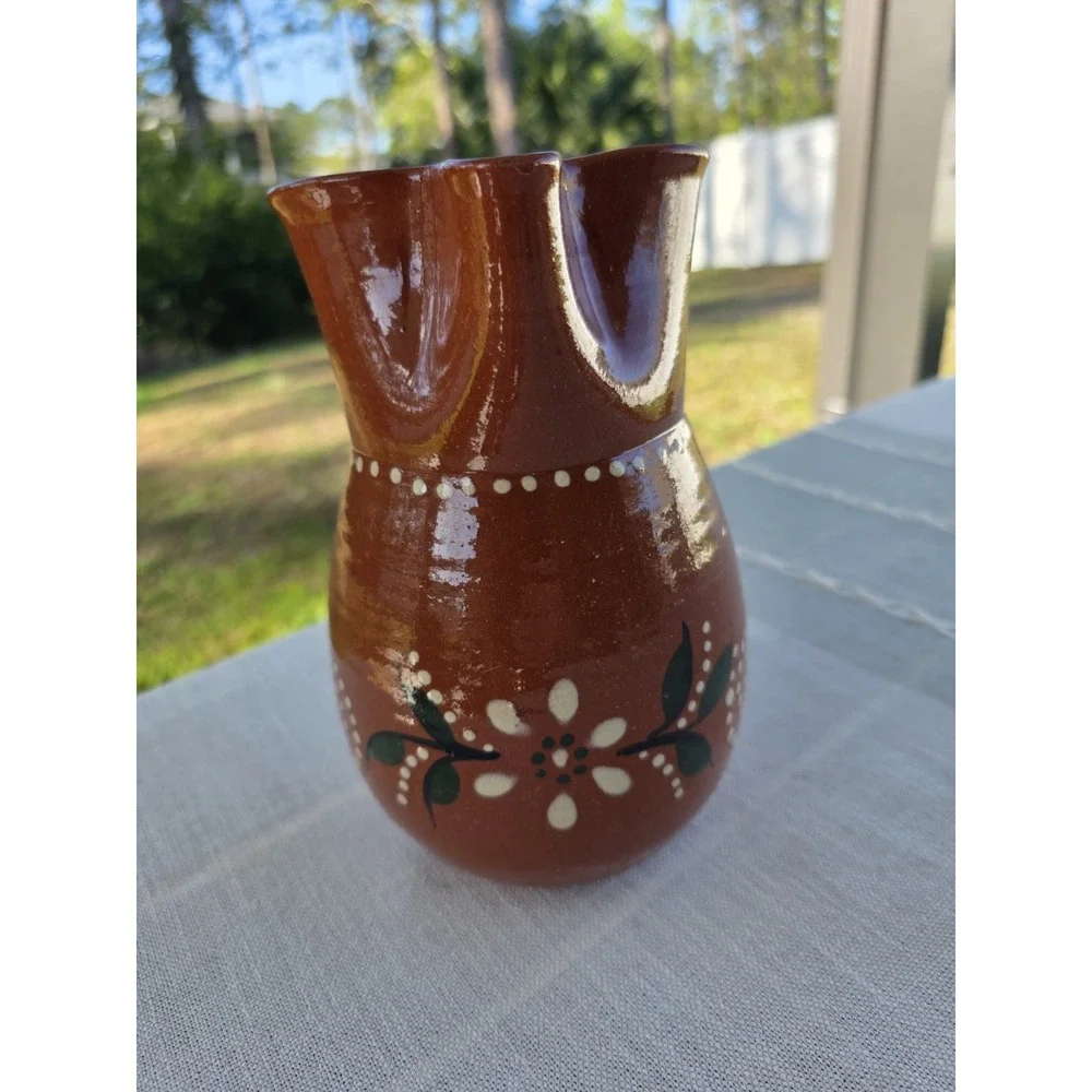 Handmade Redware Pottery Pitcher 8